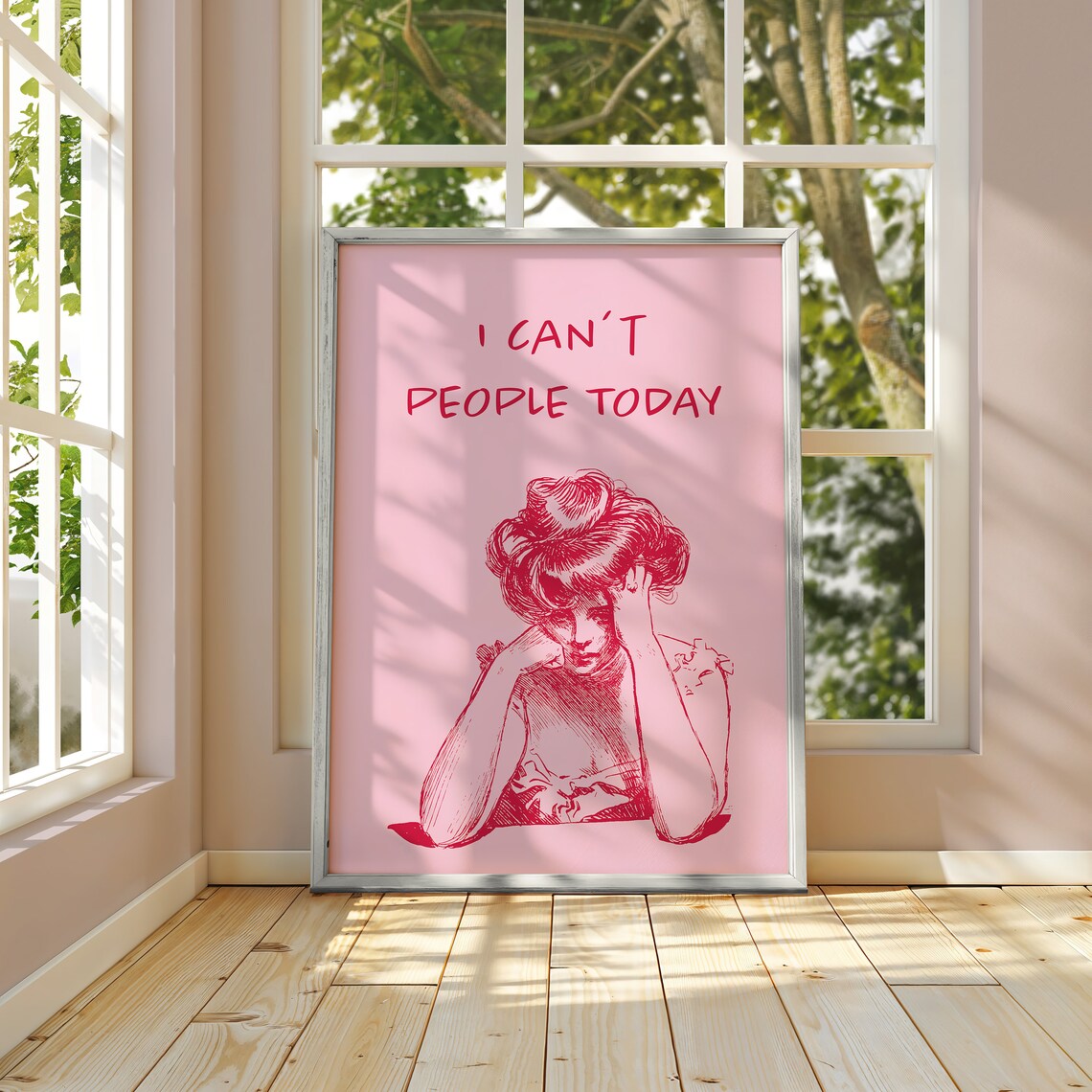 I Can't People Today Pink Vintage Woman Sketch Funny Quote Poster - Image 2