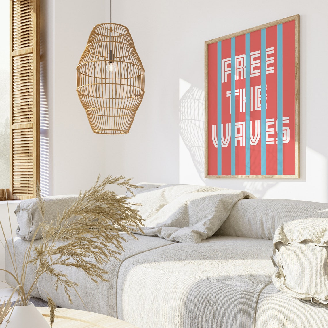 Free the Waves Bold Teal Stripes on Coral Retro Surf Art Poster - Image 2