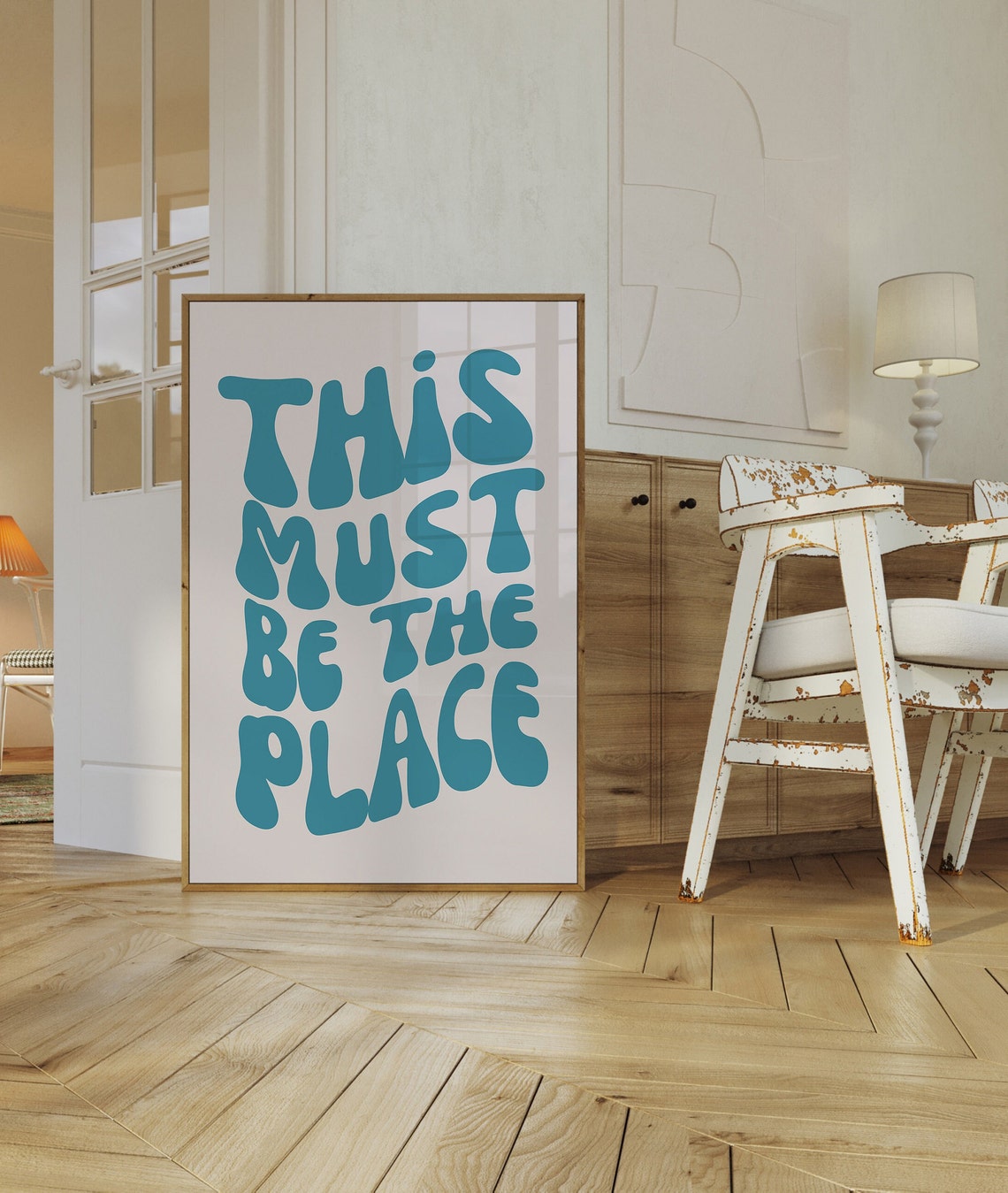 This Must Be The Place Teal Retro Bubble Lettering Quote Wall Art - Image 2