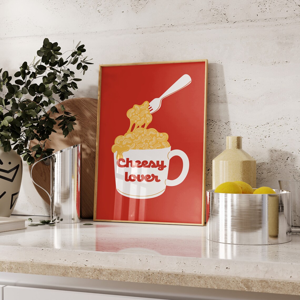 Red Retro Mac and Cheese Mug Cheesy Lover Kitchen Art Poster - Image 3