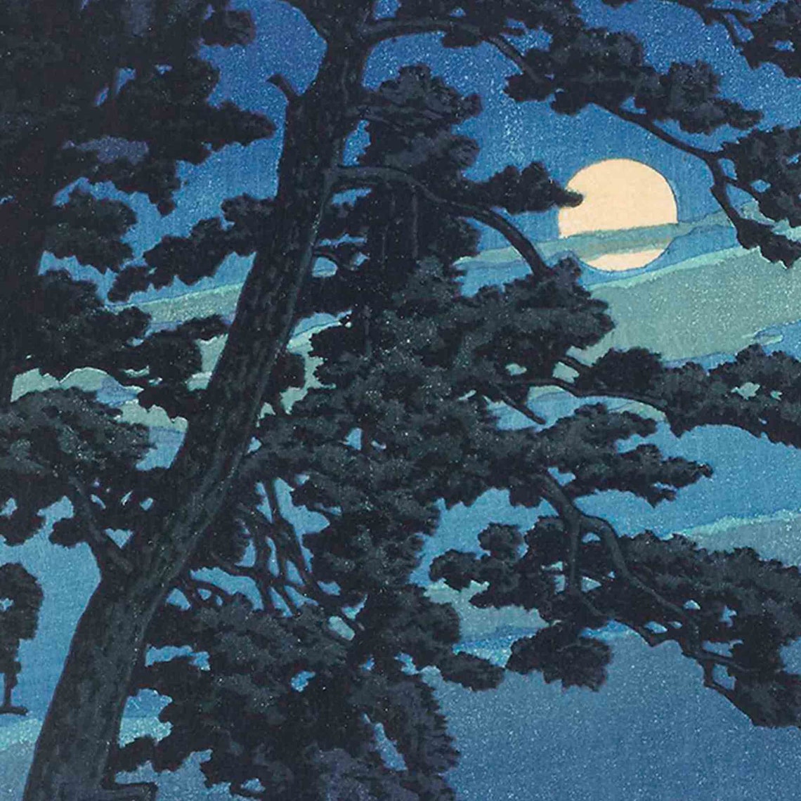 Hasui Kawase Moonlit Pines Japanese Woodblock Night Sky Art Poster - Image 2