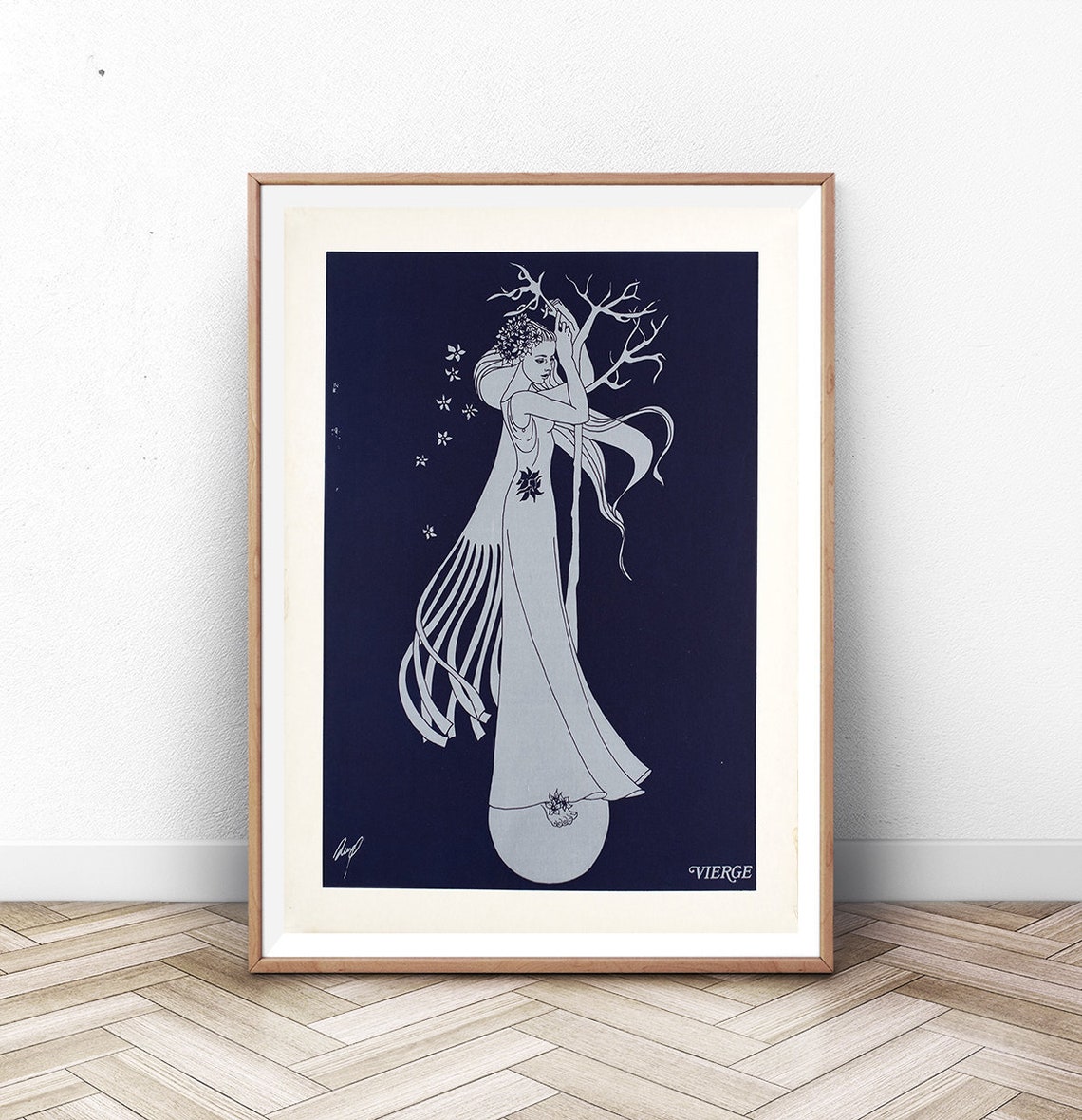 Virgo Zodiac Sign Woman Silver Line Art Navy Astrology Wall Poster