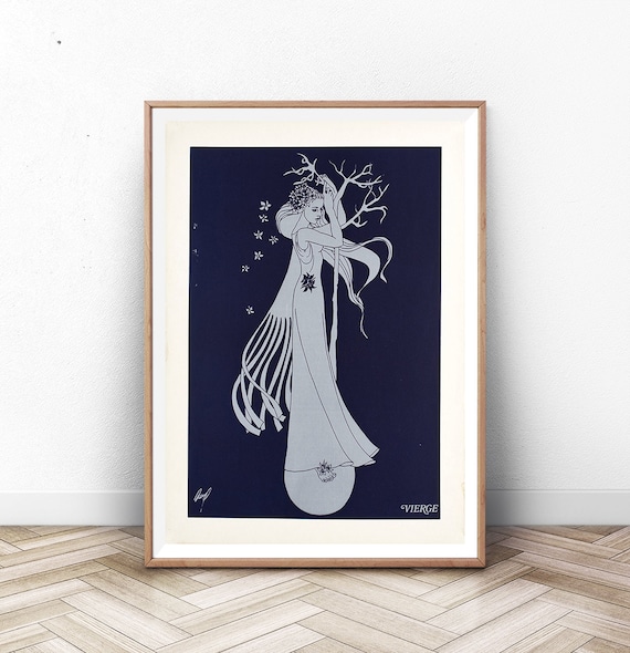Virgo Zodiac Sign Woman Silver Line Art Navy Astrology Wall Poster