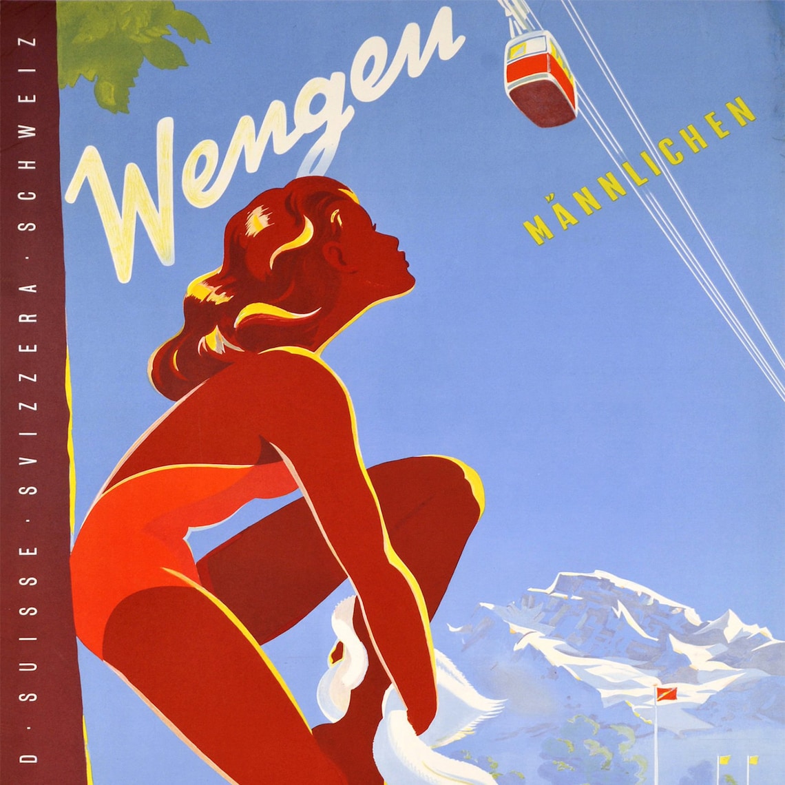 Wengen Mannlichen Swiss Alps Sunbather Cable Car Travel Poster - Image 2