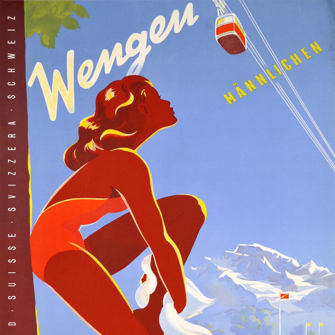 Wengen Ski Poster Swiss Travel Art Switzerland Ski Poster Sports Retro Decor Valais Suisse Zermatt Skiing Poster Alps - Image 2