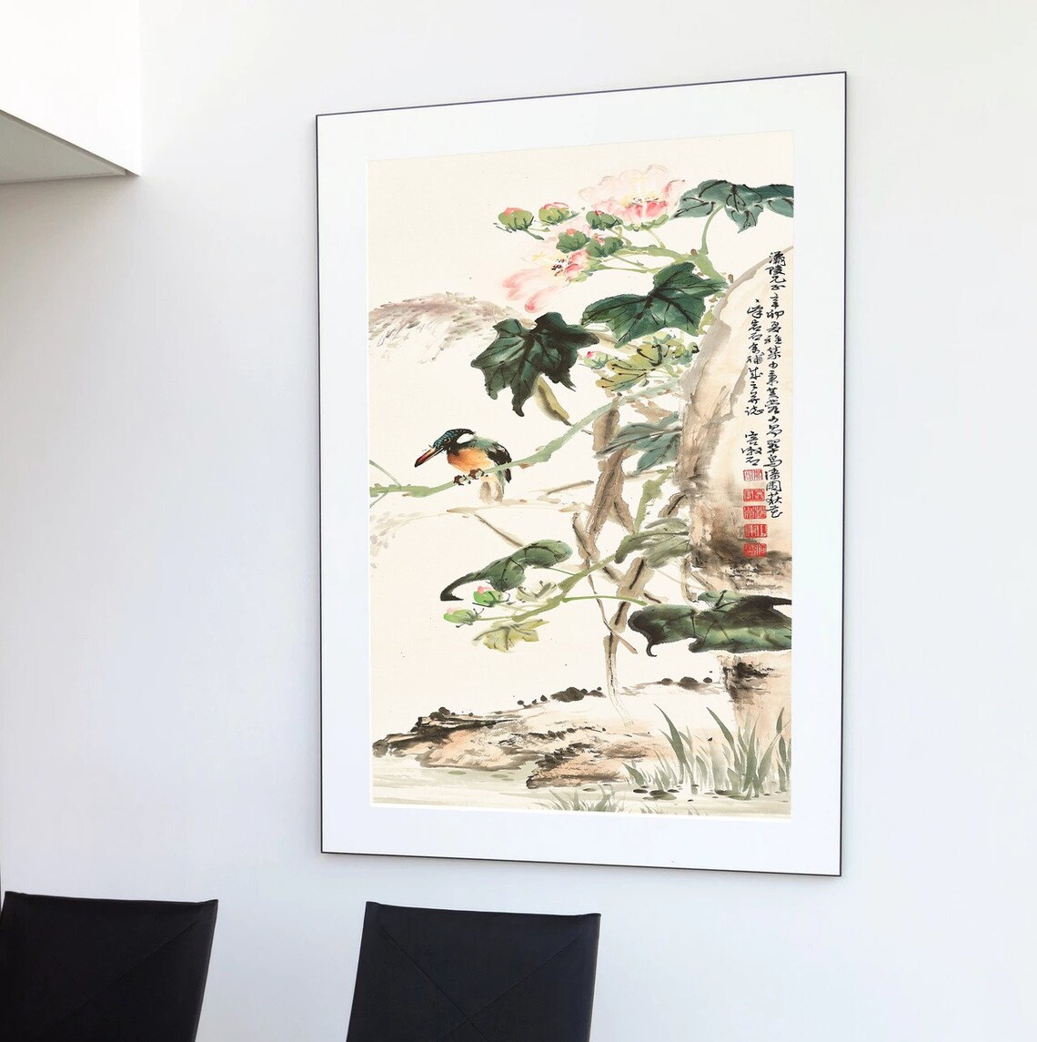Kingfisher Bird On Hibiscus Branch Chinese Watercolor Bird Art Poster