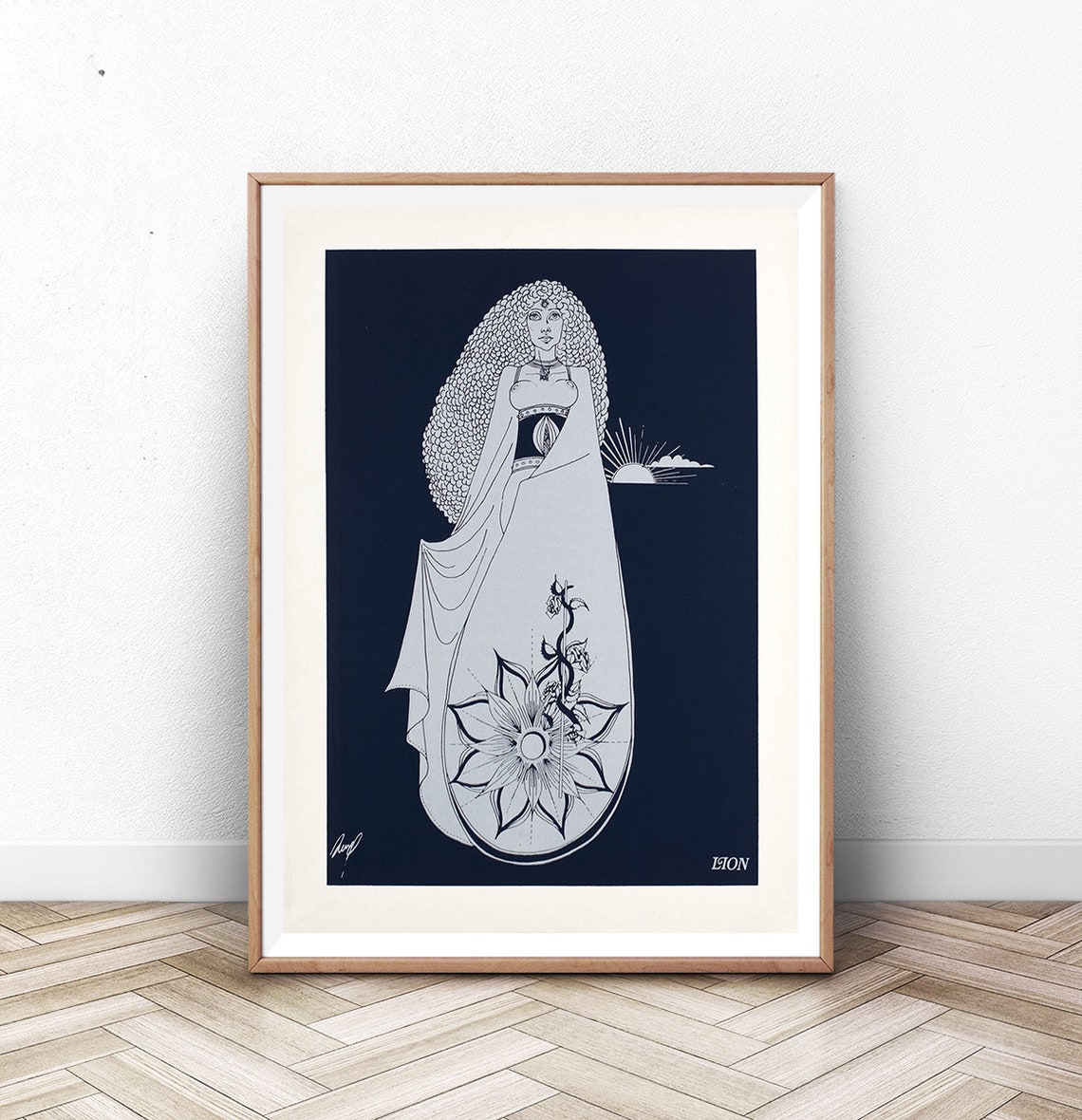 Leo Zodiac Sign Woman Sun Lotus Silver Line Art Navy Wall Poster