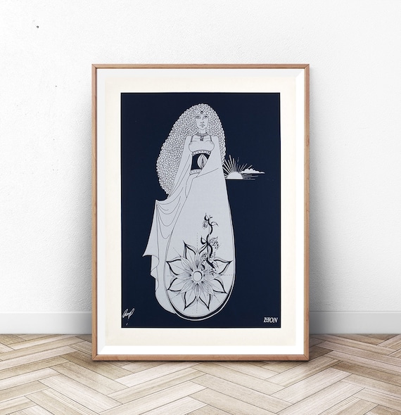Leo Zodiac Sign Woman Sun Lotus Silver Line Art Navy Wall Poster