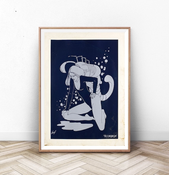 Scorpio Zodiac Sign Woman Silver Line Art Navy Astrology Wall Poster