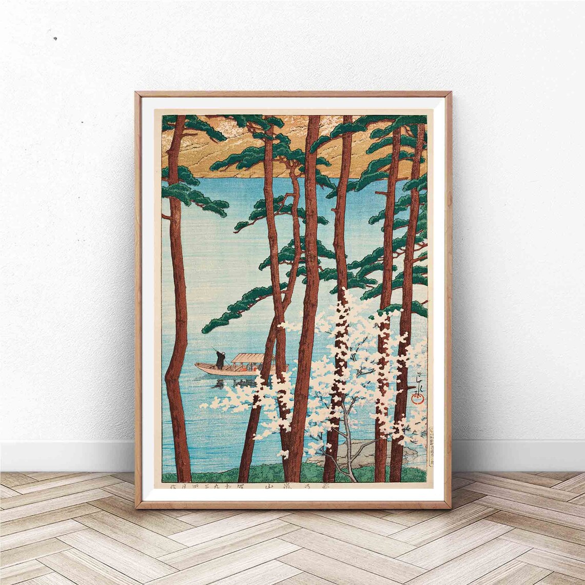 Japanese Woodblock Pine Trees Cherry Blossoms Spring Lake Art Poster