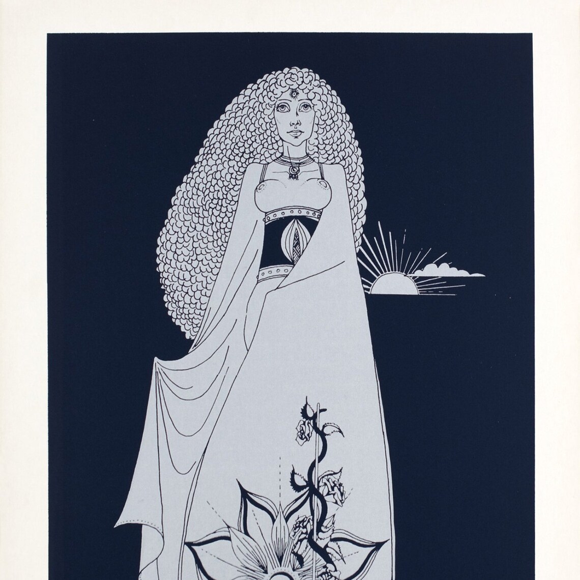 Leo Zodiac Sign Woman Sun Lotus Silver Line Art Navy Wall Poster - Image 2