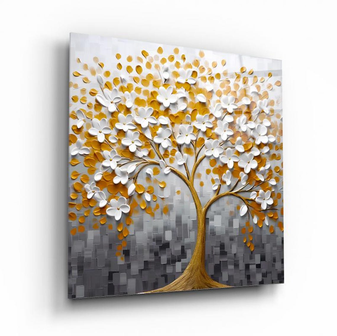 Golden Tree of Life with White Blossoms Abstract Botanical Wall Art - Image 2