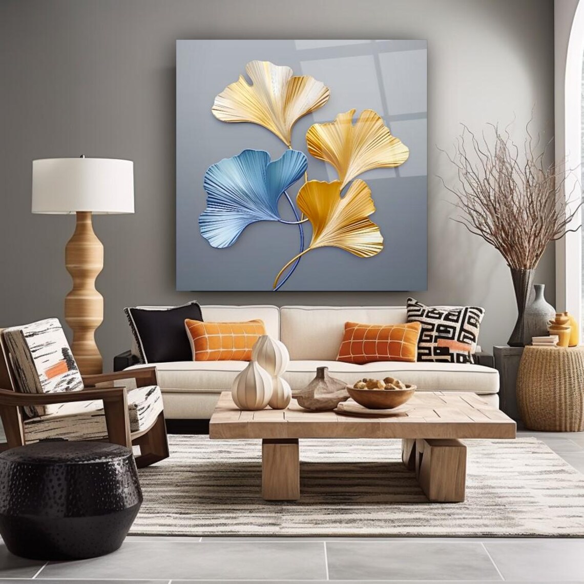 Elegant Ginkgo Leaf Wall Art Tempered Glass Print Modern Botanical Wall Decor Luxury Glass Wall Art For Home And Office