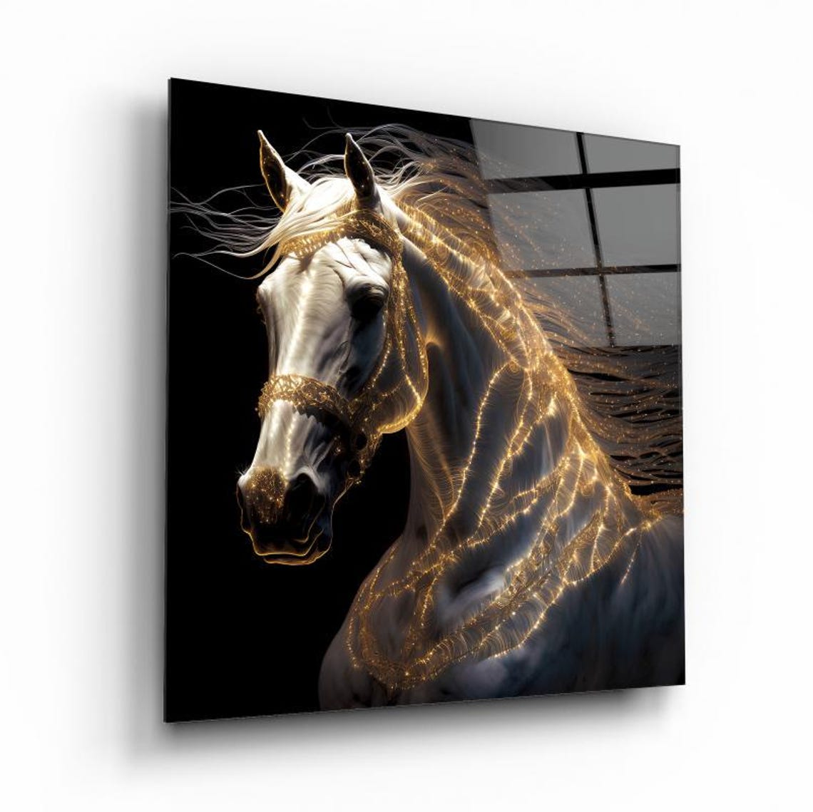 White Horse Head with Glowing Golden Light Trail Mane Wall Art - Image 2