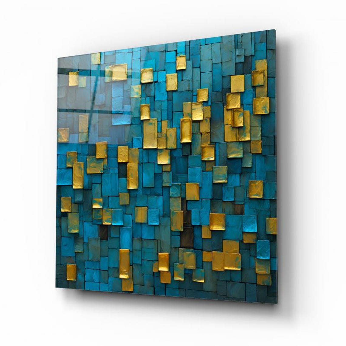 Blue And Gold Mosaic Tile Squares Abstract Wall Painting Poster - Image 2