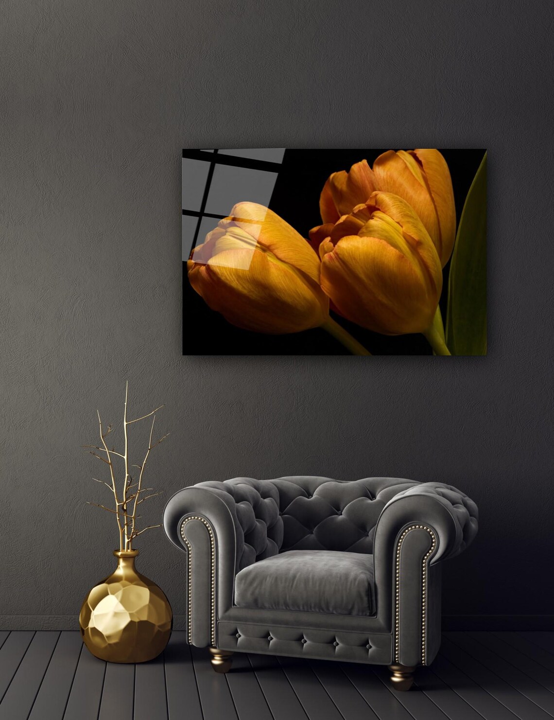 Golden Tulips Tempered Glass Wall Art Vibrant Floral Glass Print Modern Wall Decor Luxury Home Office Decoration