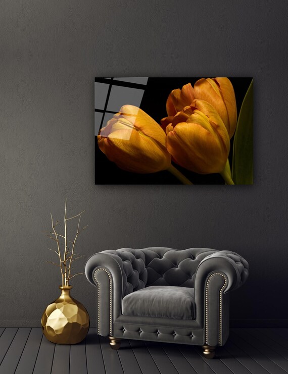 Golden Tulips Tempered Glass Wall Art Vibrant Floral Glass Print Modern Wall Decor Luxury Home Office Decoration