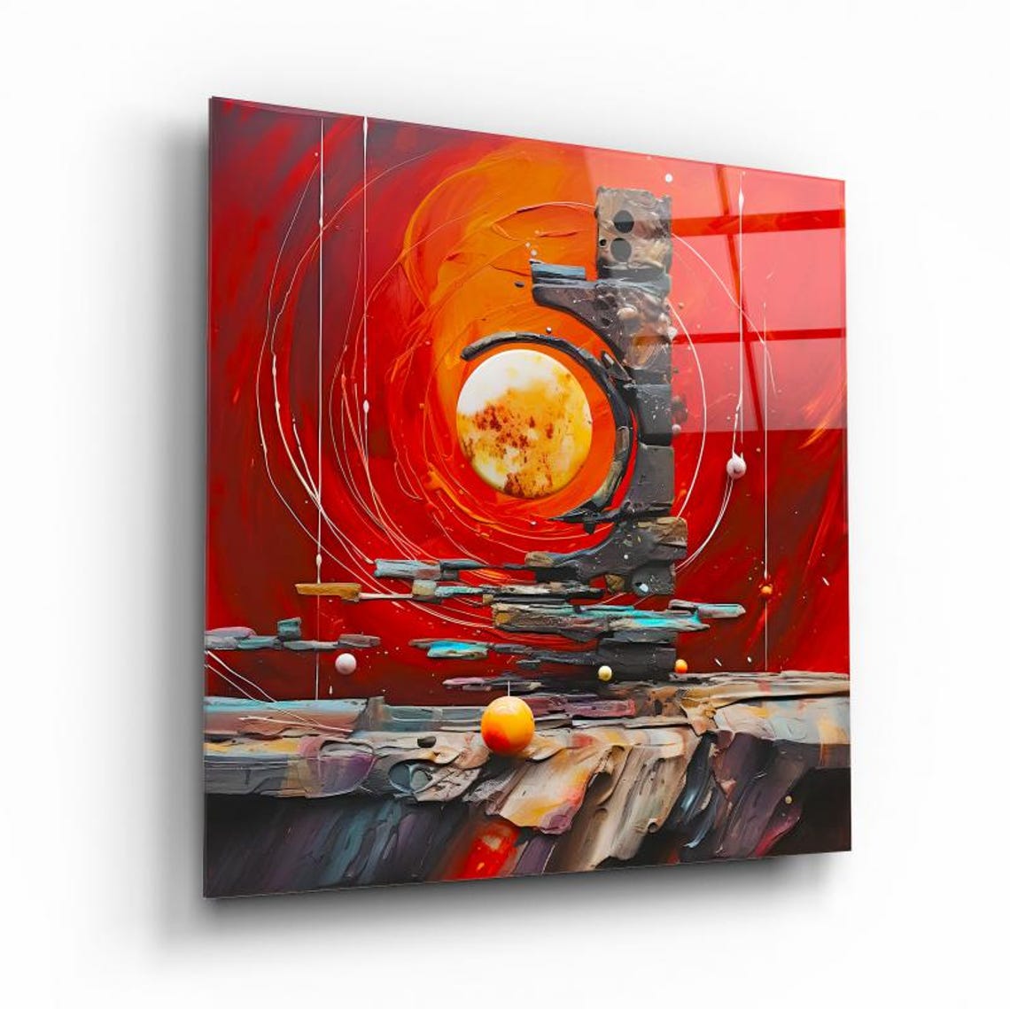 Abstract Red Cosmic Painting With Moon Orb And Stone Totem Poster - Image 2