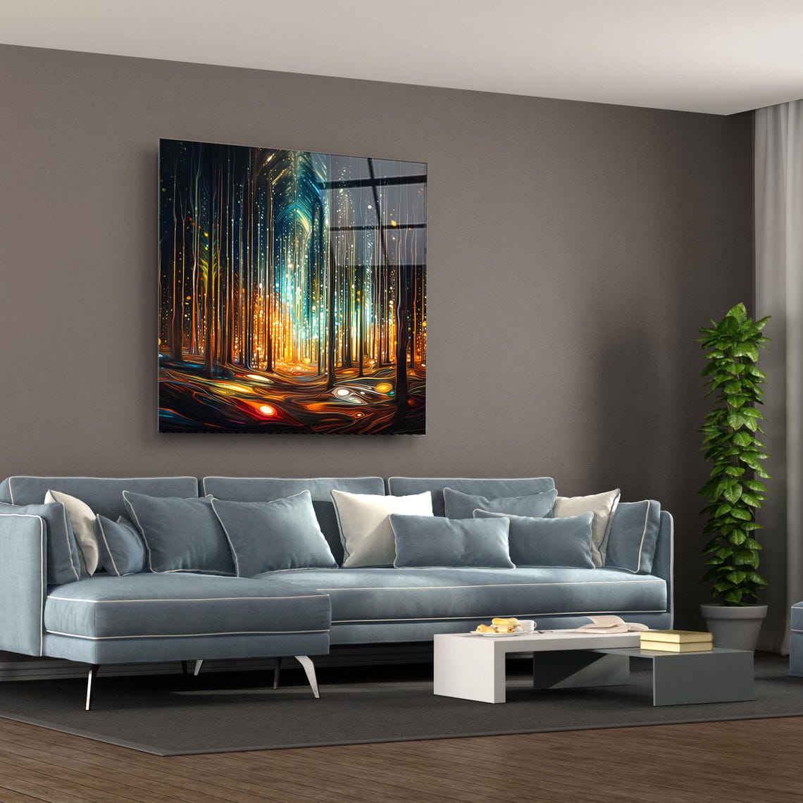 Luminous Golden Forest With Light Rays Modern Nature Glass Poster - Image 3