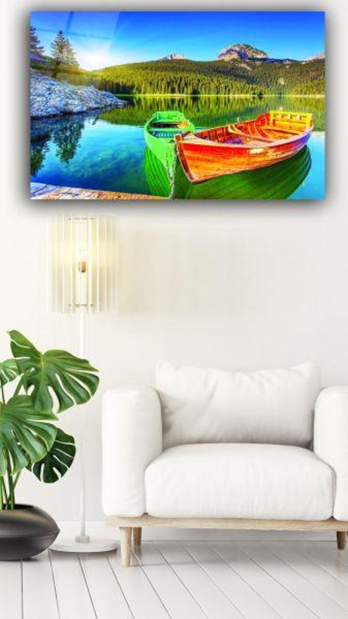 Serene Lake Reflection Tempered Glass Wall Art Tranquil Mountain Landscape Vibrant Rowboats Peaceful Nature Decor - Image 3