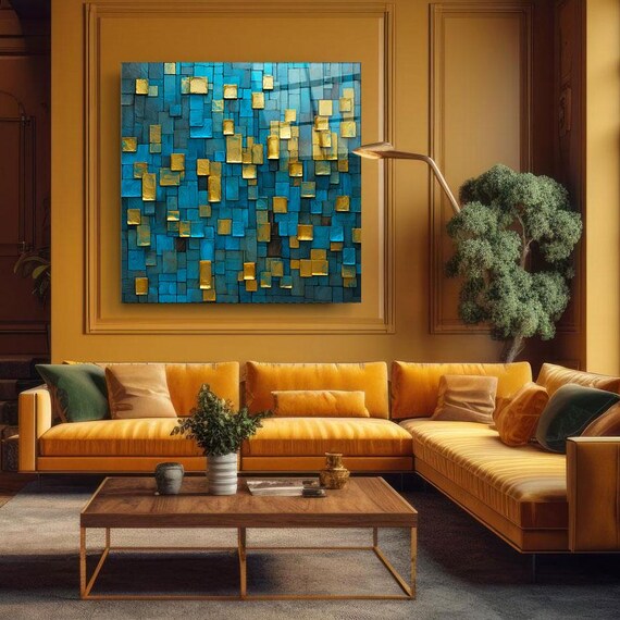 Modern Abstract Gold And Teal Wall Art Tempered Glass Print Luxury Abstract Decor Elegant Glass Wall Art For Home And Office
