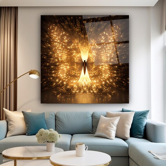 Golden Butterfly Radiance Wall Art Tempered Glass Print Modern Abstract Decor Luxury Glass Wall Art For Home And Office