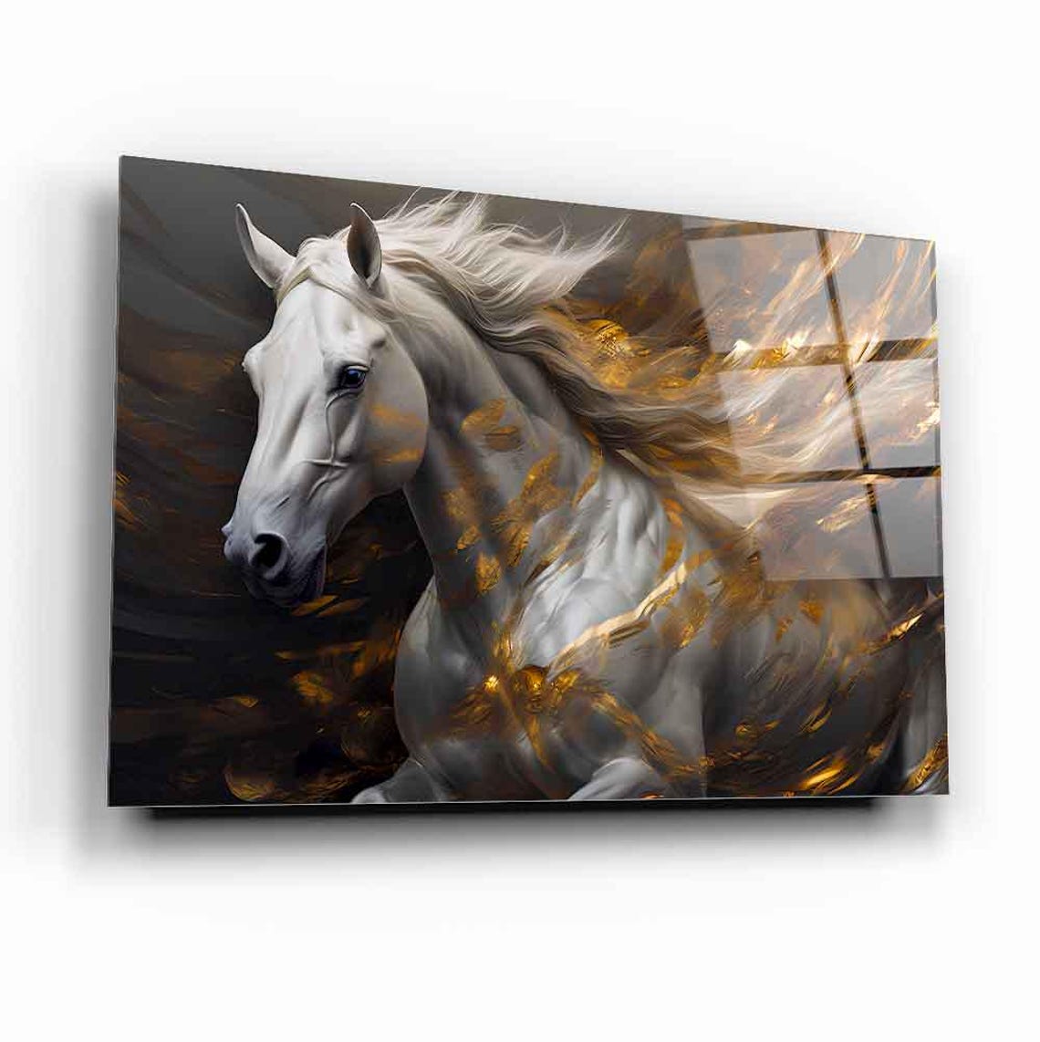 White Stallion Gold Mane Dark Background Horse Portrait Poster - Image 2
