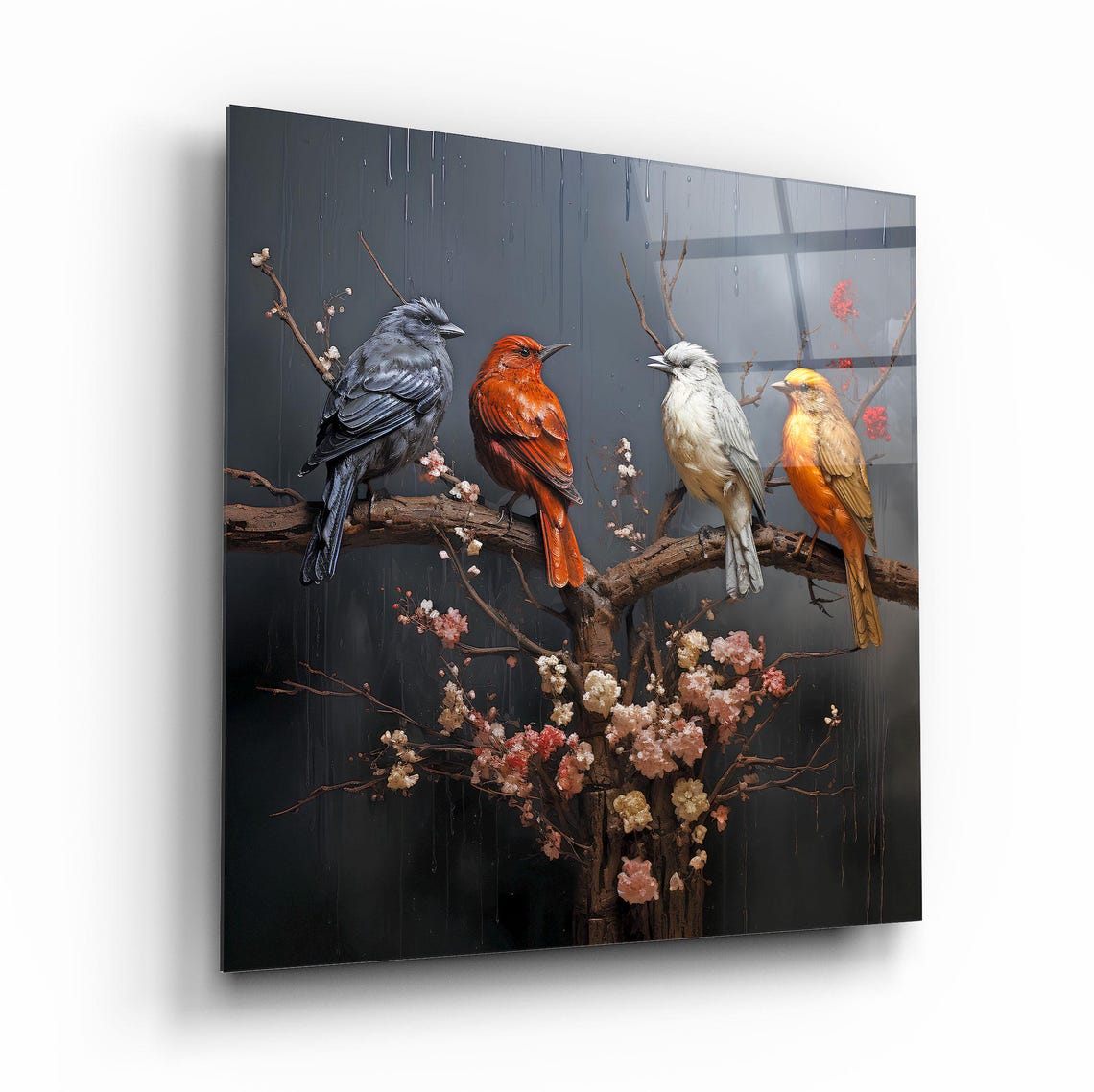 Four Colorful Birds On Blossom Branch Dark Modern Nature Poster - Image 2