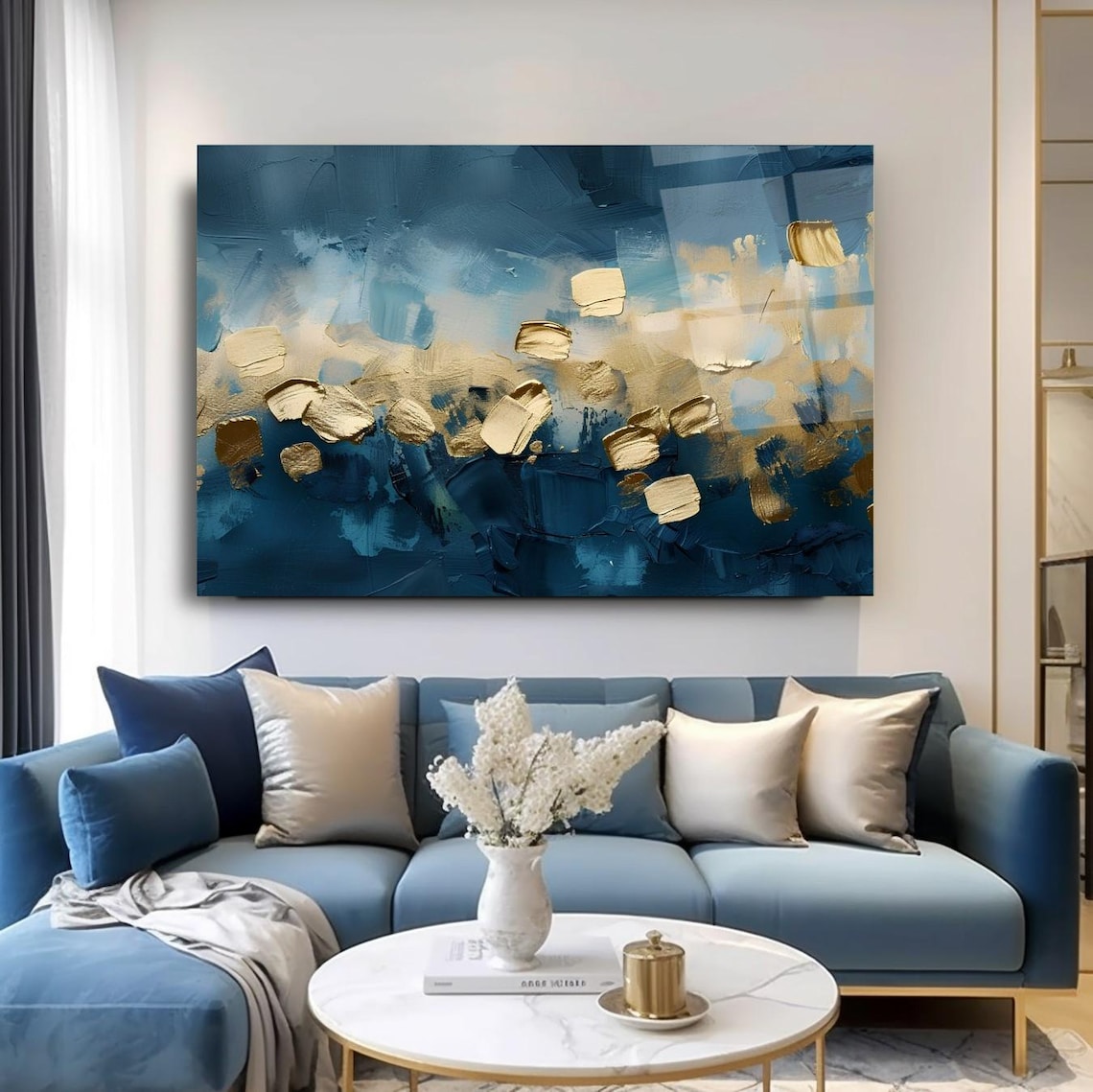 Abstract Blue And Gold Wall Art Tempered Glass Print Modern Luxury Wall Decor Elegant Glass Wall Art For Home And Office