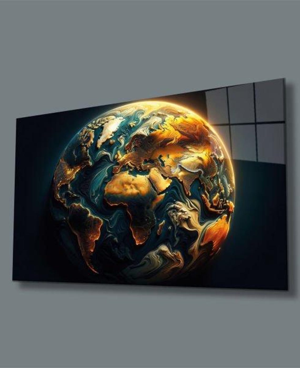 Swirling Golden Teal Globe Abstract Earth Tempered Glass Decor Poster - Image 2