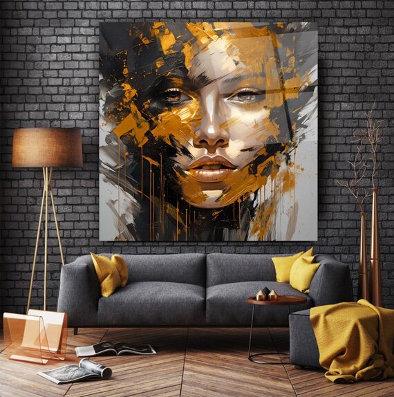 Golden Portrait Abstract Wall Art Tempered Glass Print Modern Decor For Living Room Luxury Glass Wall Art For Home And Office