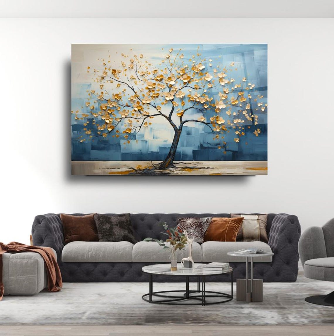 Golden Blossom Tree On Blue Abstract Modern Nature Glass Poster