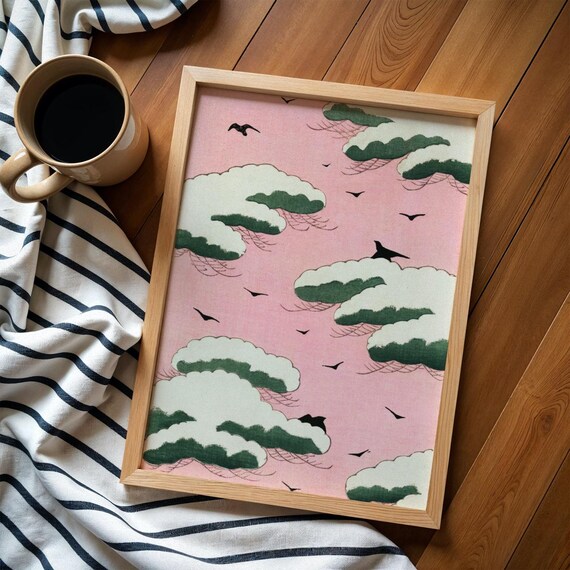 Pink Sky Illustration By Watanabe Seitei Kach Ga Japanese Nature Art Print