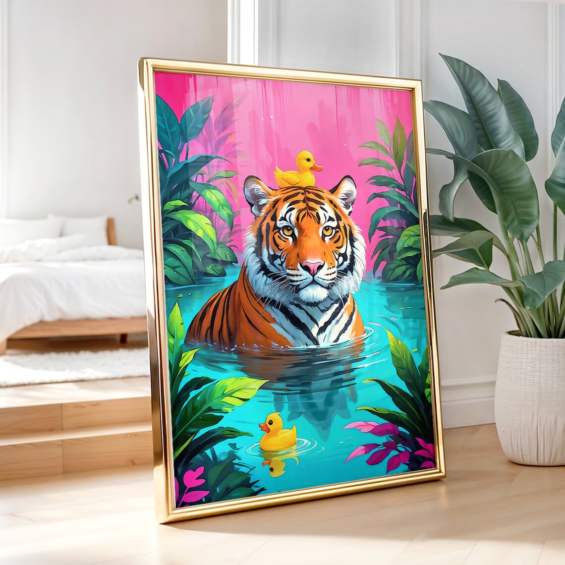 Tiger In Bathtub With Rubber Ducks Tropical Pink Bathroom Poster - Image 3