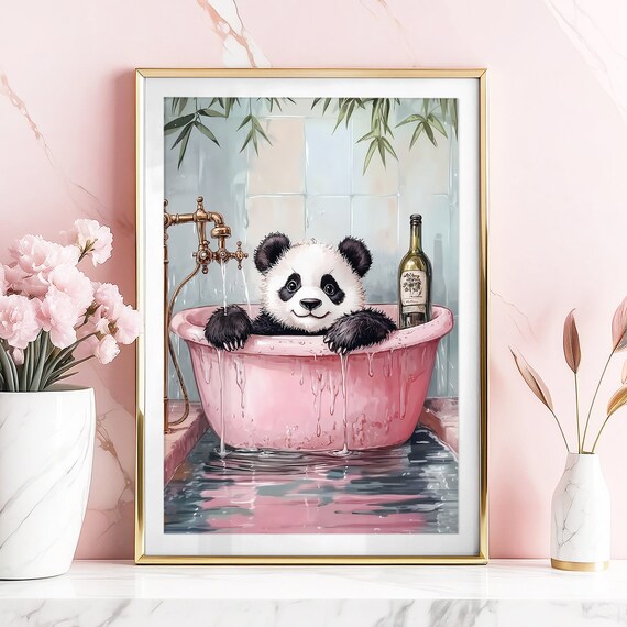 Baby Panda Pink Bathtub Wine Bottle Cute Nursery Wall Poster