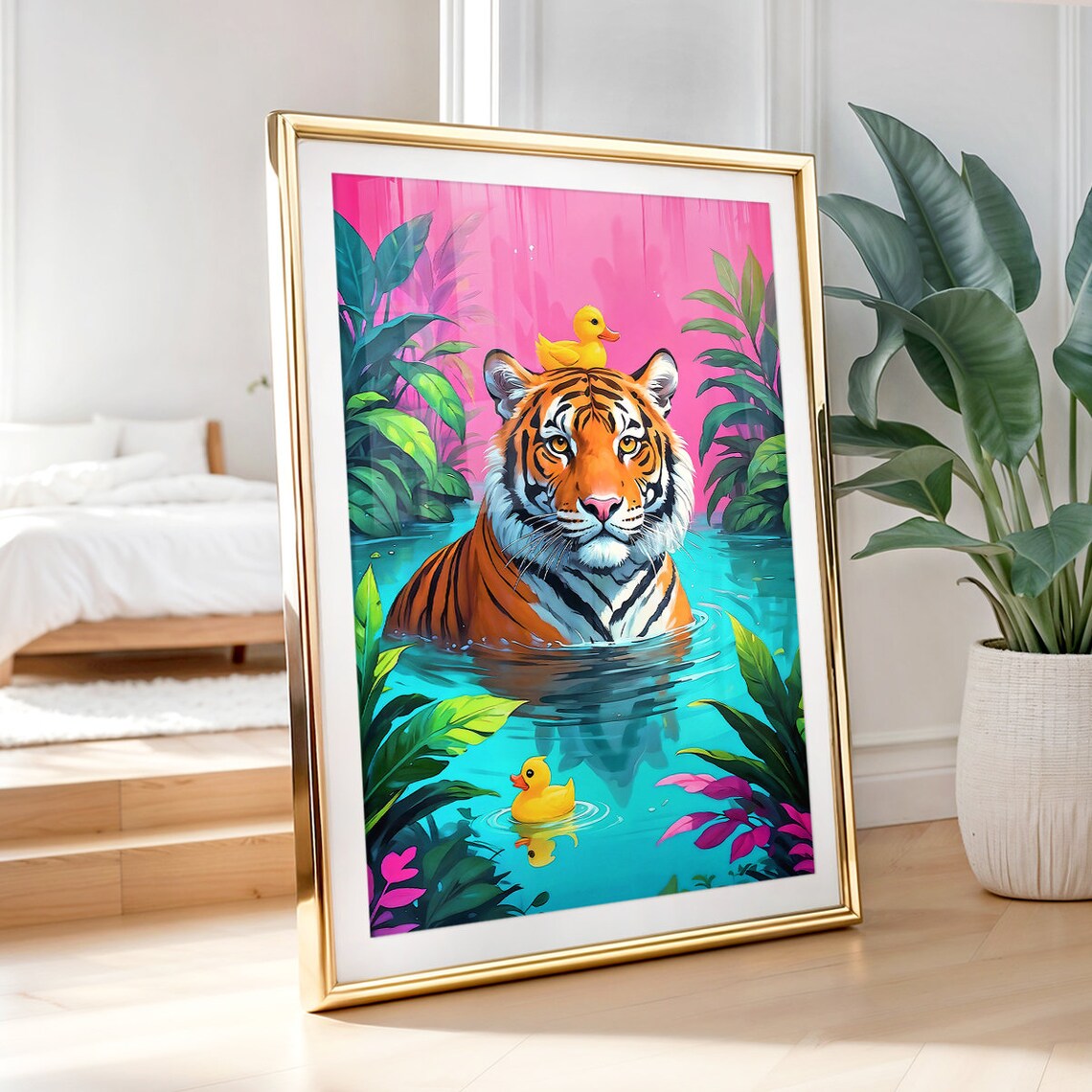 Tiger In Bathtub With Rubber Ducks Tropical Pink Bathroom Poster