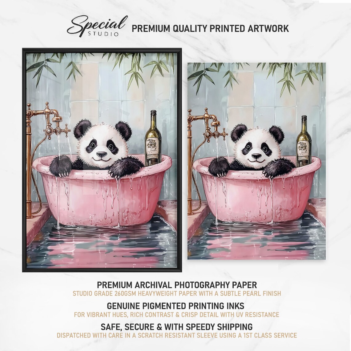 Baby Panda Pink Bathtub Wine Bottle Cute Nursery Wall Poster - Image 4