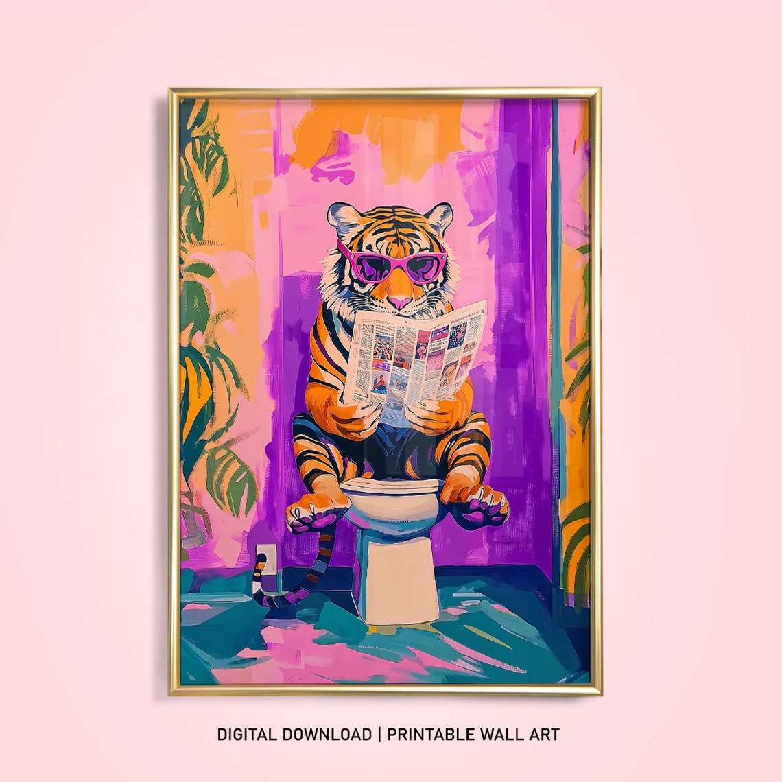 Funny Pink Preppy Boho Tiger Bathroom Art Print - Image 3