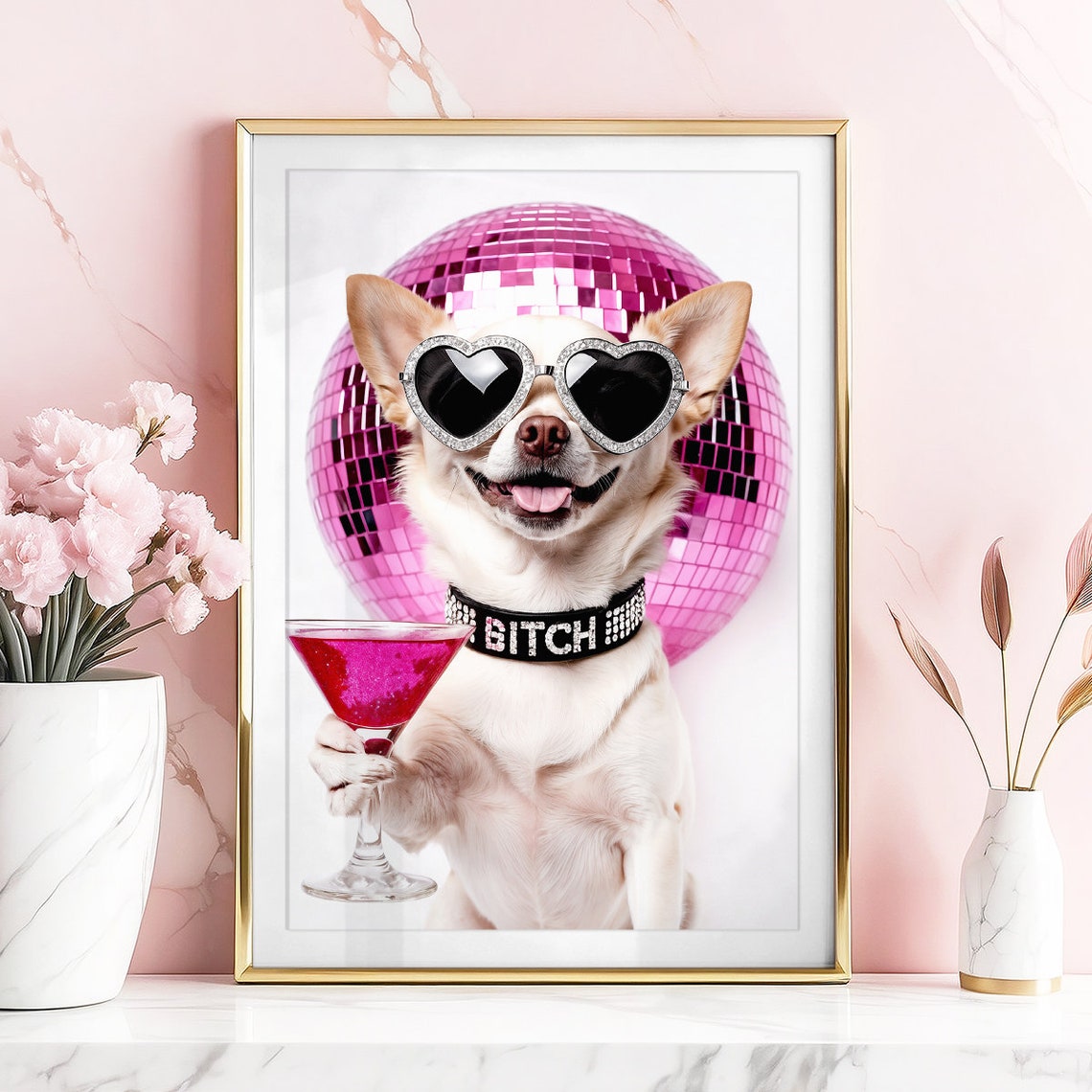 Chihuahua Wall Art Chihuahua Cocktail Print Chihuahua Wall Art Chihuahua Poster Chihuahua Gift Chihuahua Drinking Pink Preppy Print - Image 2