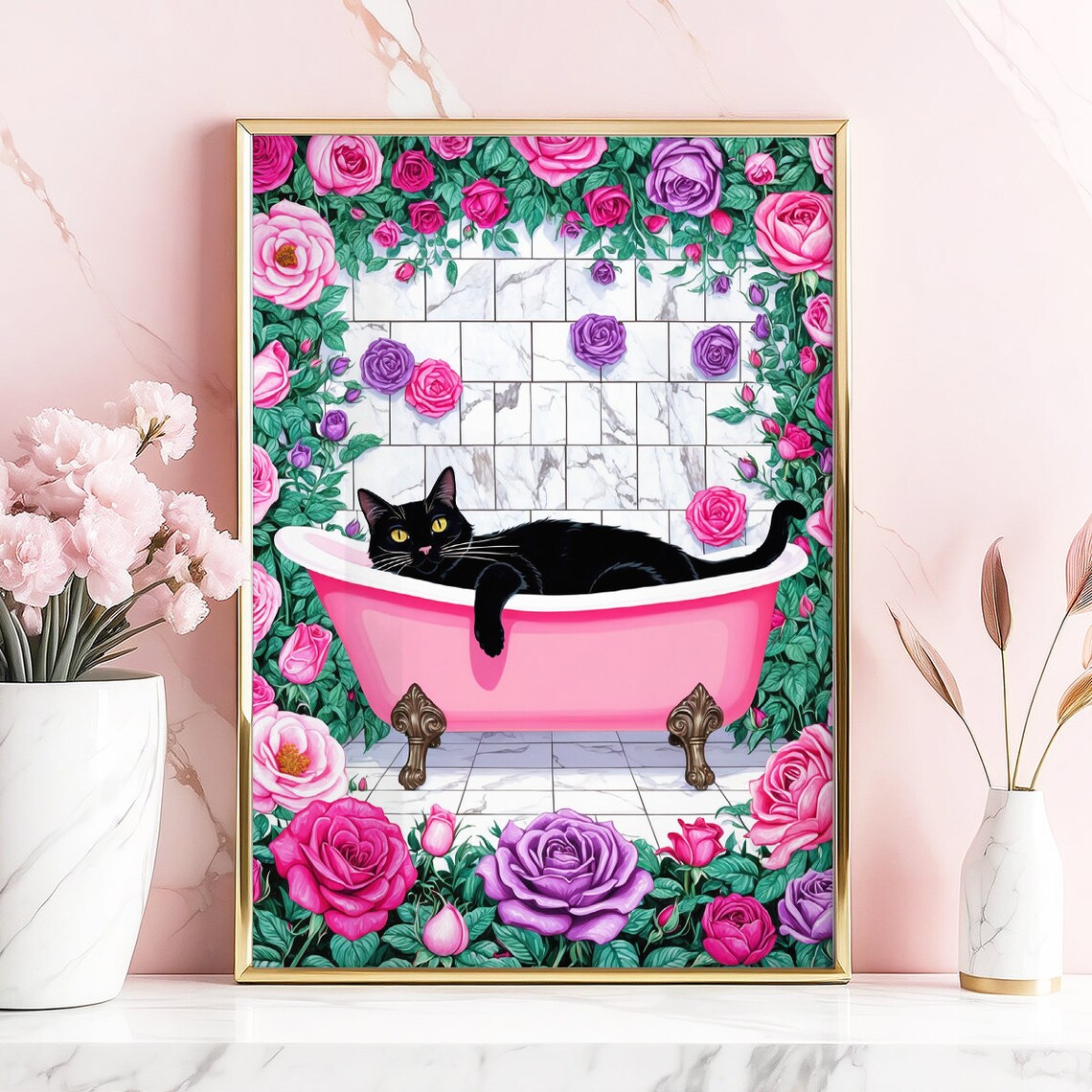 Black Cat Lounging In Pink Bathtub Surrounded By Rose Garden Poster - Image 3