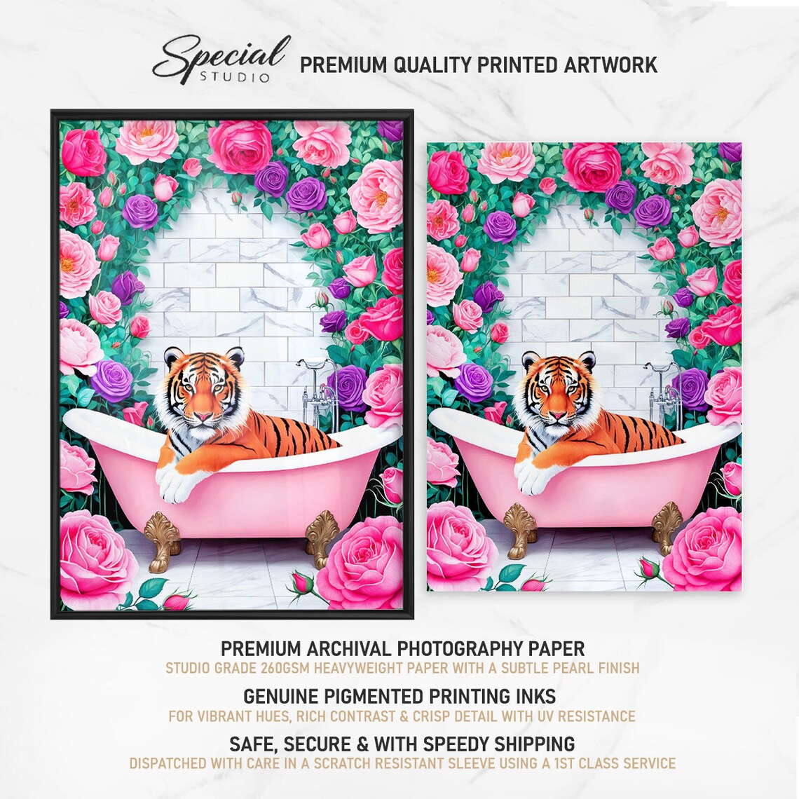 Tiger Pink Bathtub Roses Maximalist Funny Bathroom Decor Poster - Image 4