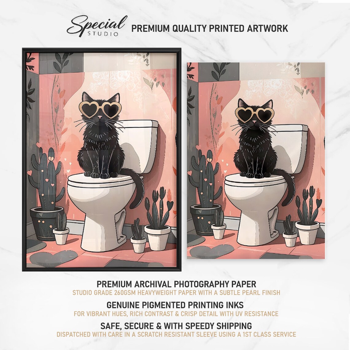 Black Cat With Heart Sunglasses On Toilet In Pink Bathroom Poster - Image 4