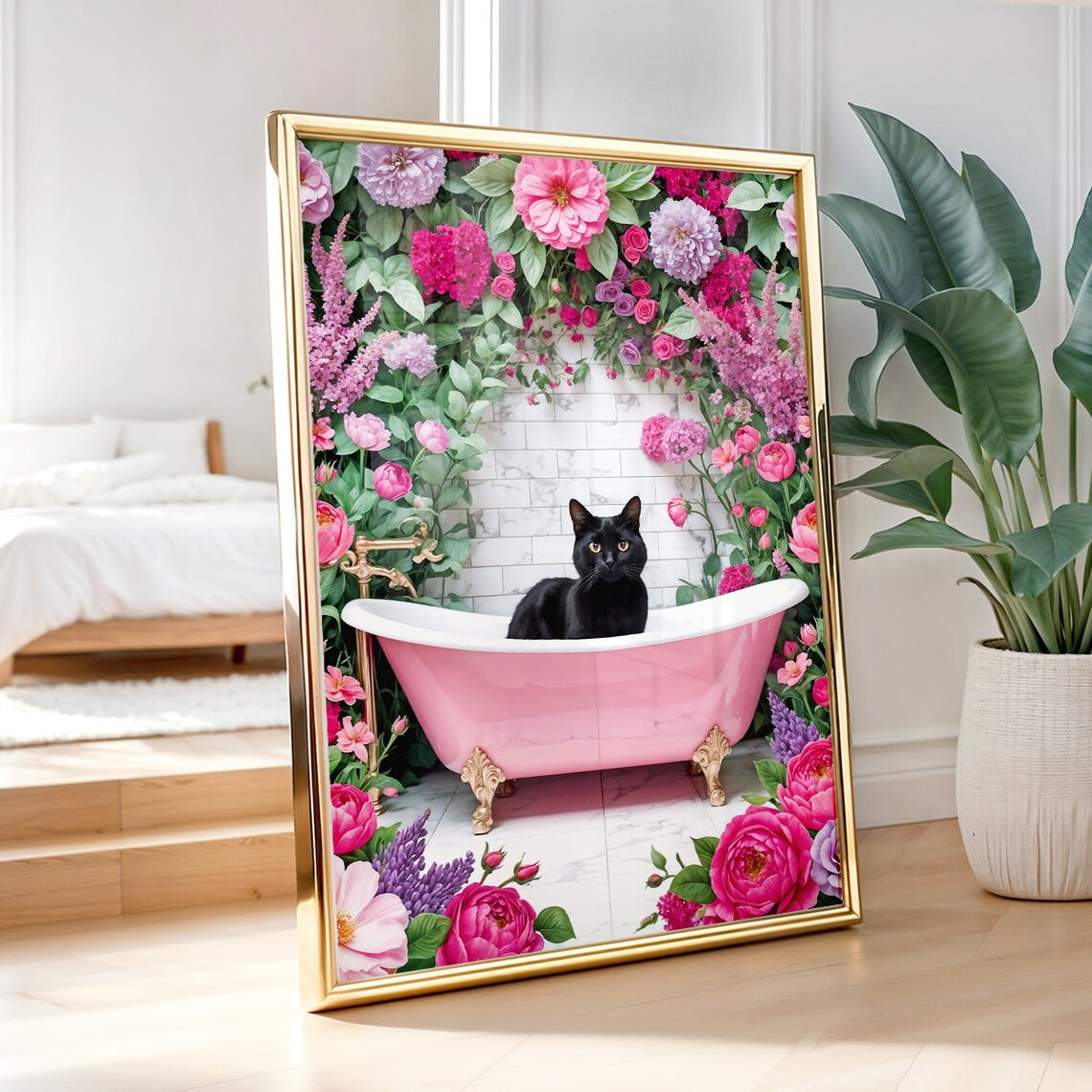 Black Cat In Pink Bathtub Under Flower Arch Wall Decor Poster - Image 3