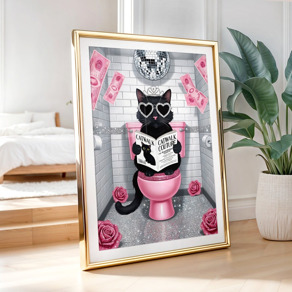 Black Cat On Pink Toilet Reading Catwalk Couture Magazine Poster
