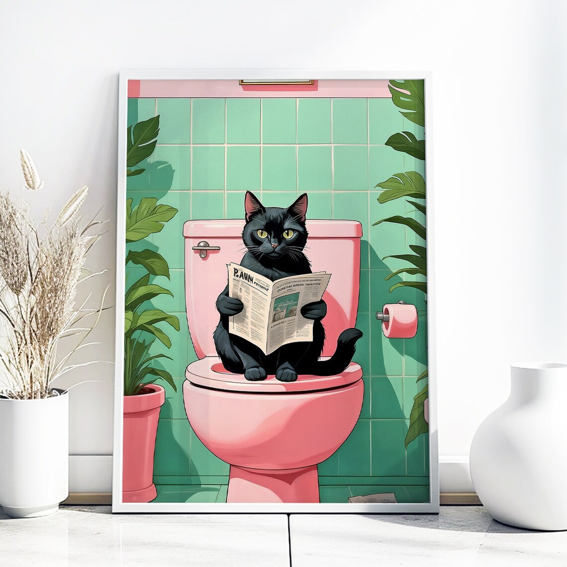 Black Cat On Pink Toilet Reading Newspaper Retro Bathroom Poster - Image 3