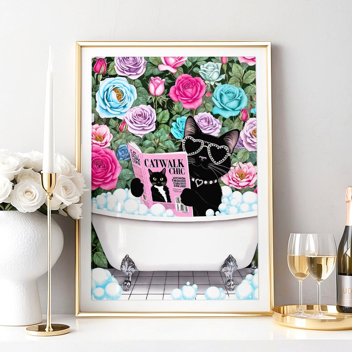 Black Cat Reading Catwalk Chic In Bubble Bath With Roses Poster - Image 3