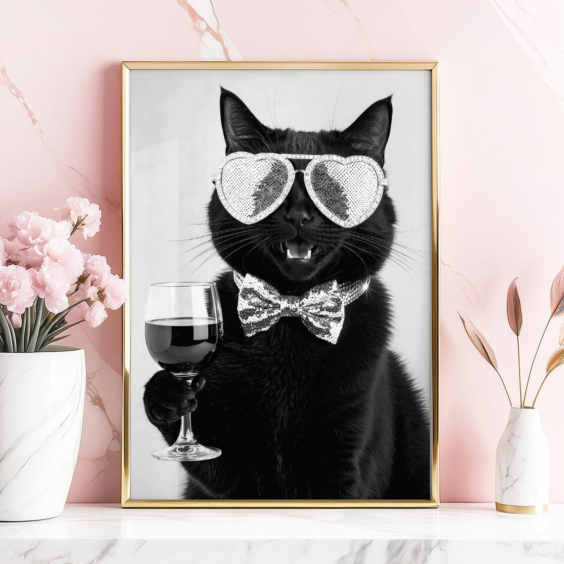 Black Cat in Heart Sunglasses Holding Wine Glass Party Poster - Image 5