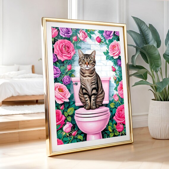 Tabby Cat On Pink Toilet Surrounded By Pink And Purple Roses Poster