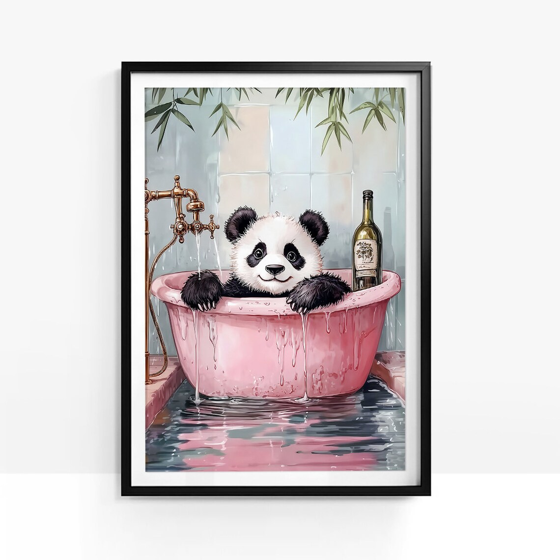 Baby Panda Pink Bathtub Wine Bottle Cute Nursery Wall Poster - Image 2