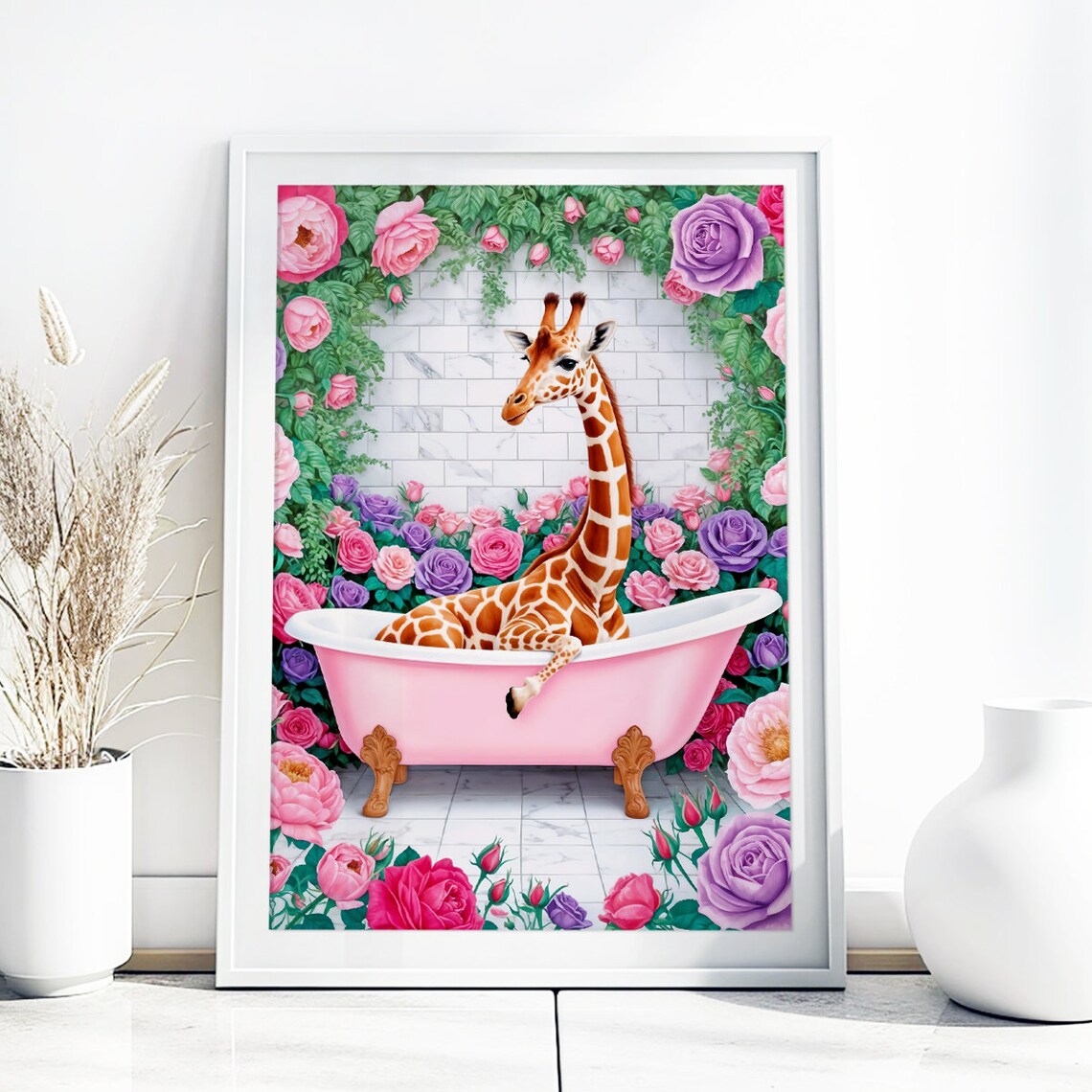 Giraffe Pink Bathtub Roses Funny Maximalist Bathroom Floral Poster - Image 5